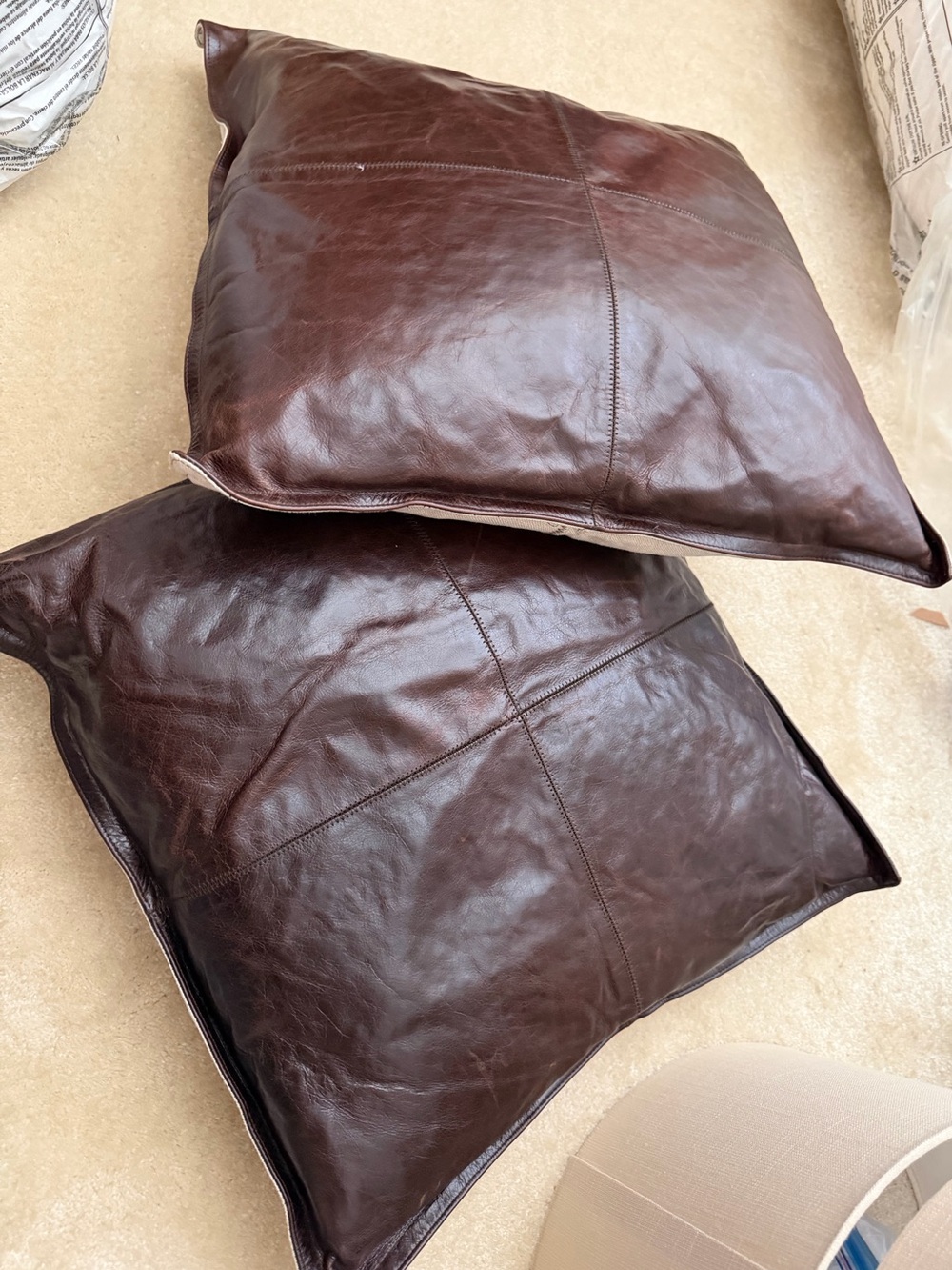 2 Pottery Barn Leather Pillow Covers - Dark Brown 21 x 21